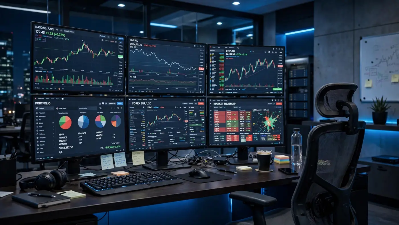 Estación de trabajo con múltiples monitores mostrando gráficos financieros