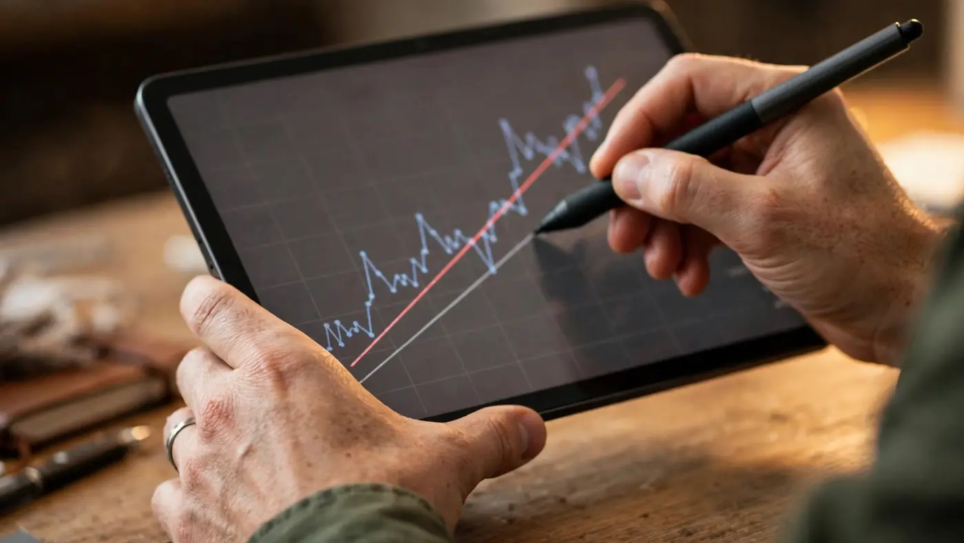 Manos de analista trazando líneas de tendencia sobre una tableta