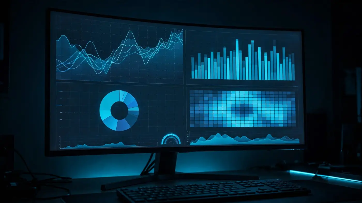 Panel de control con múltiples gráficos en un monitor ultrawide