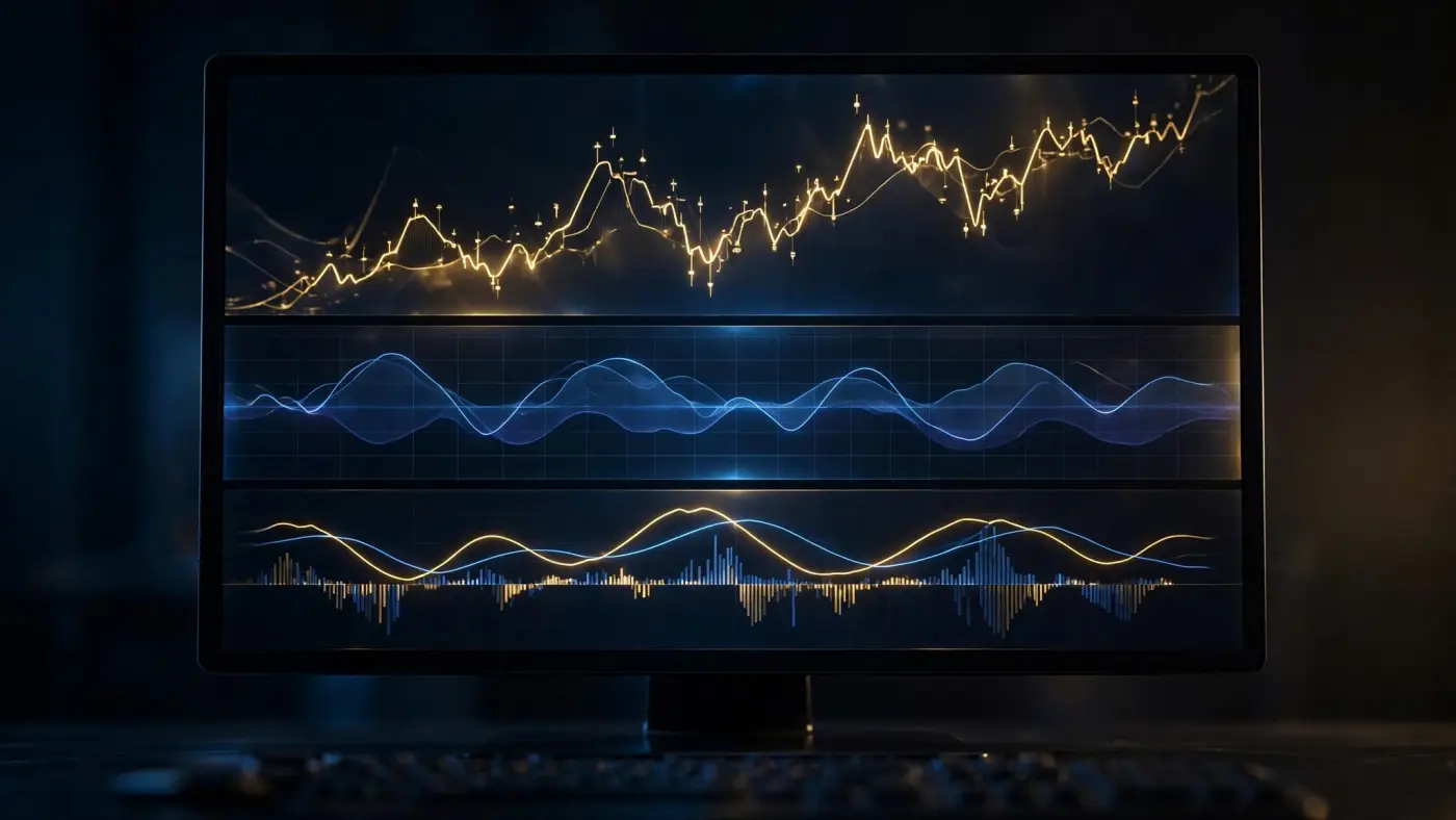 Indicadores técnicos RSI y MACD bajo un gráfico de precios